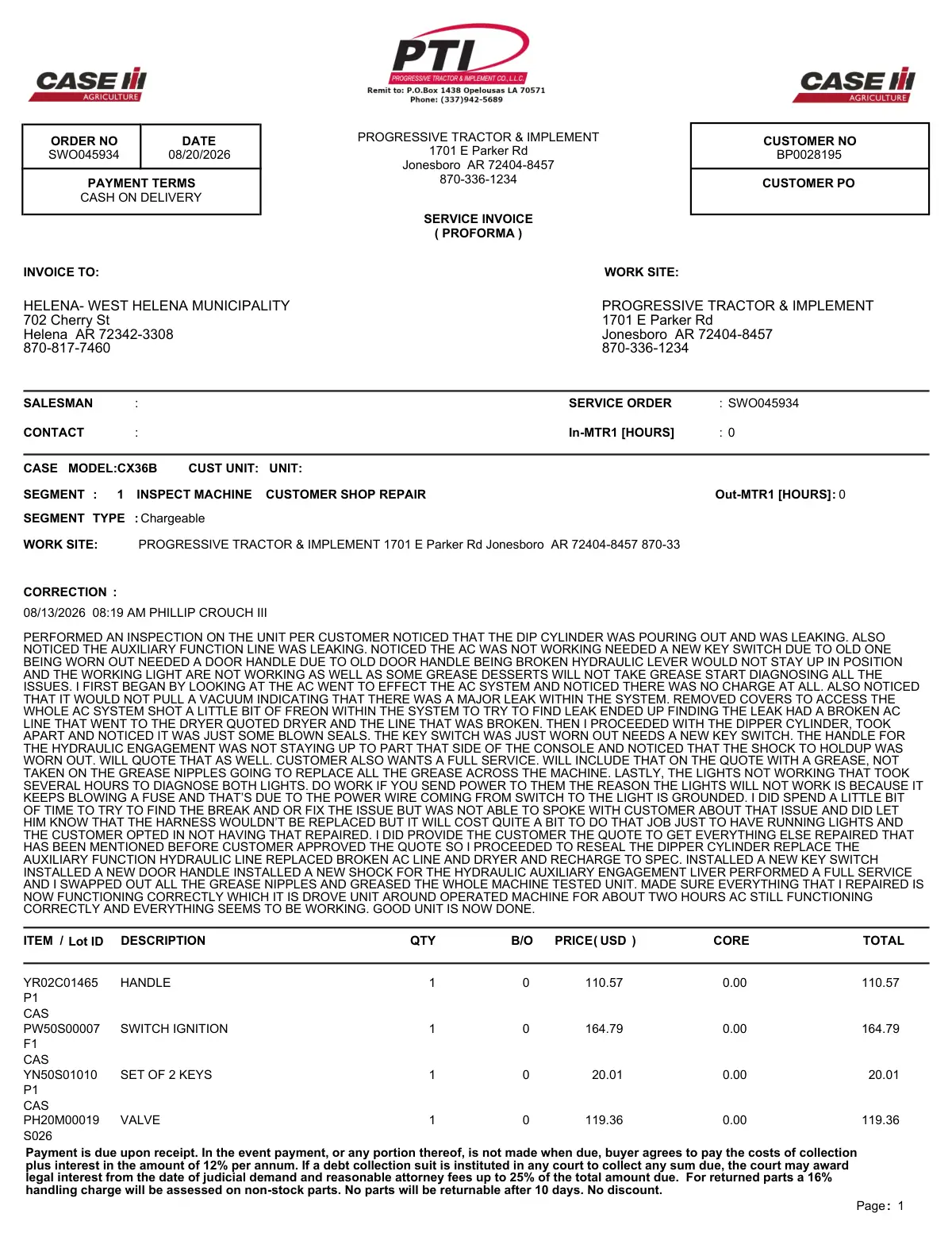 Progressive Tractor Invoice ($7,633.57) — page 1