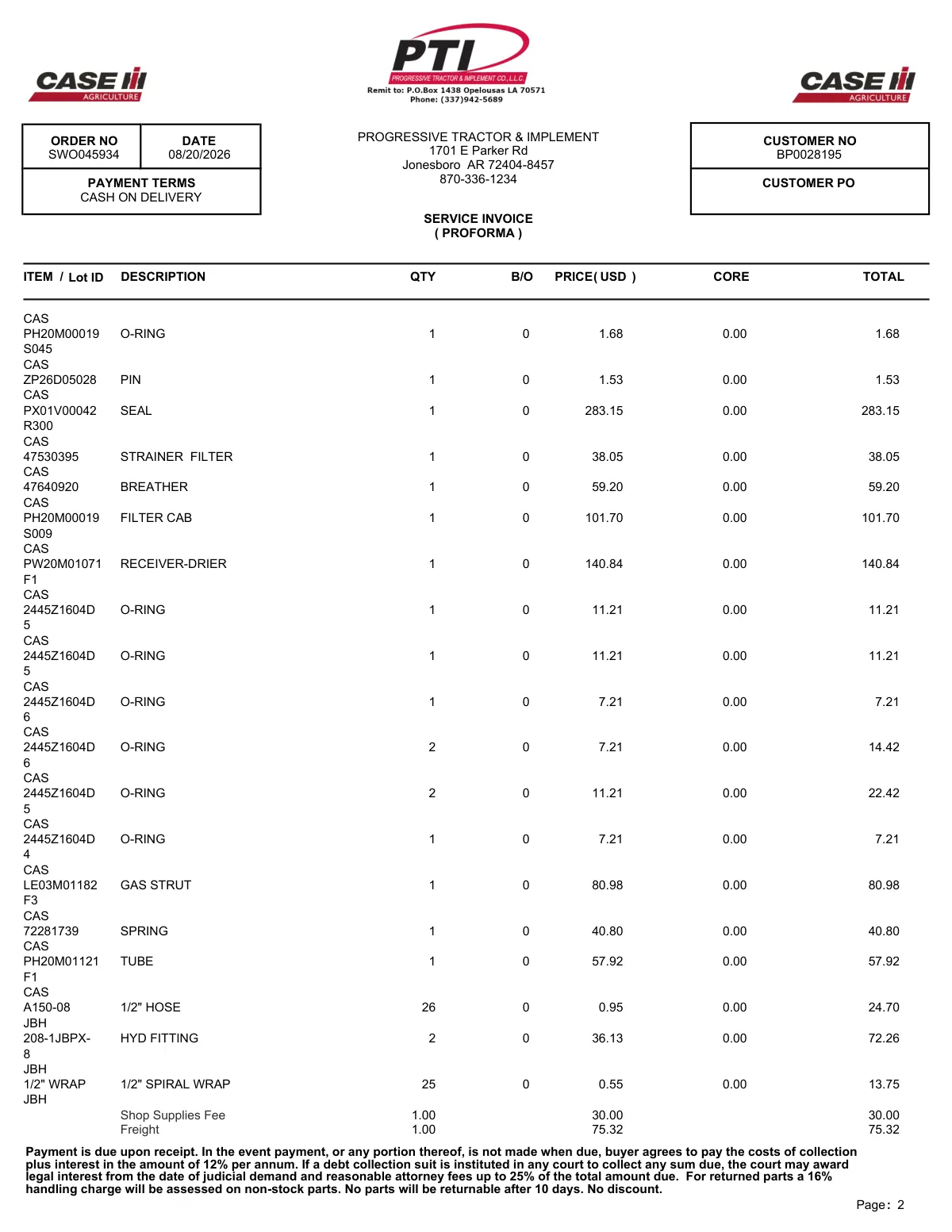 Progressive Tractor Invoice ($7,633.57) — page 2