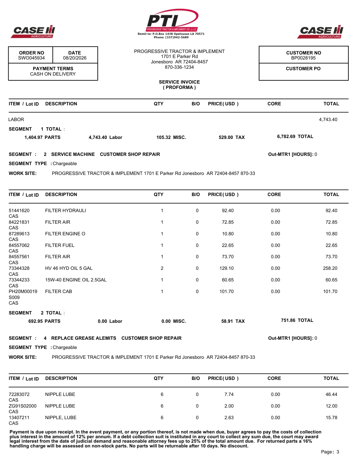 Progressive Tractor Invoice ($7,633.57) — page 3