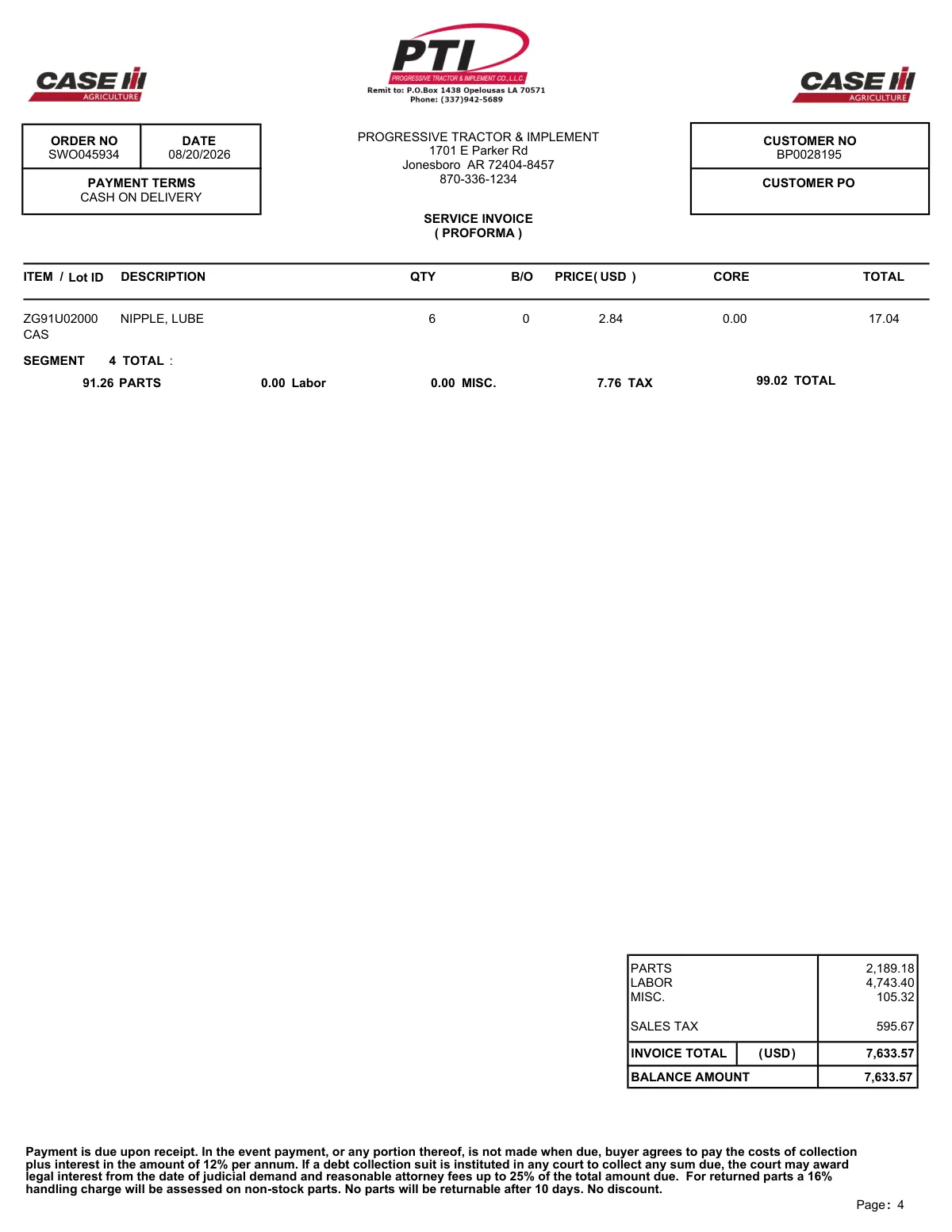 Progressive Tractor Invoice ($7,633.57) — page 4