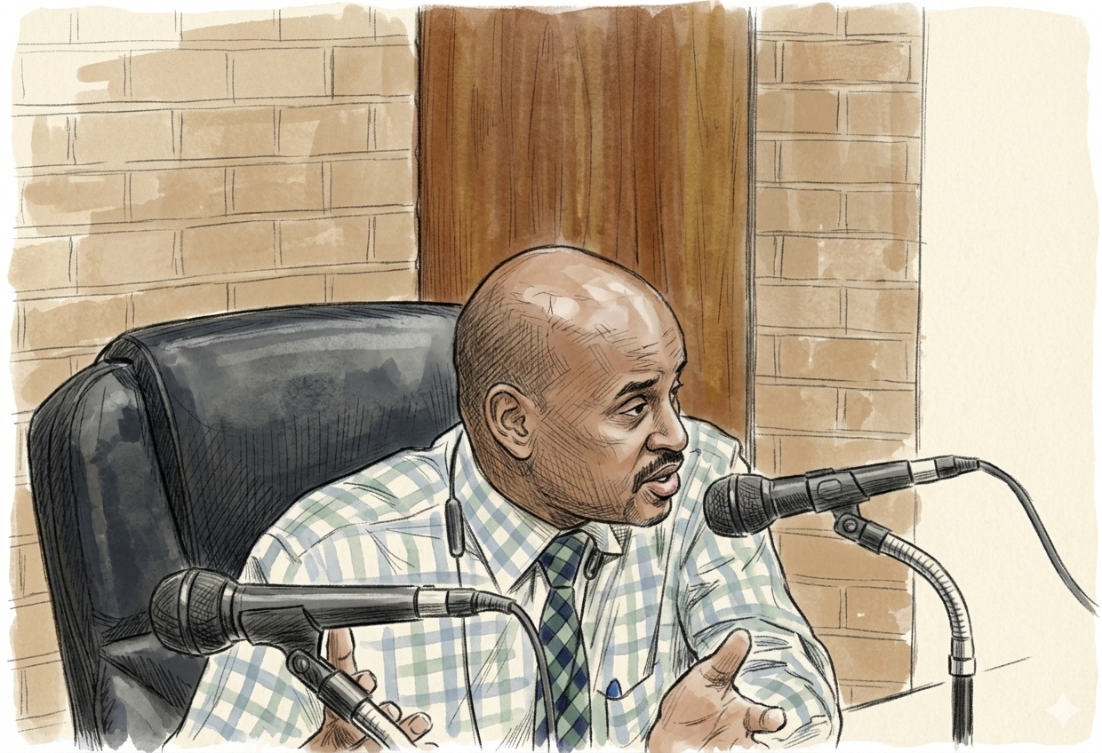 Sketch: Council Member Don Etherly at the council table, both hands raised mid-gesture at the microphone