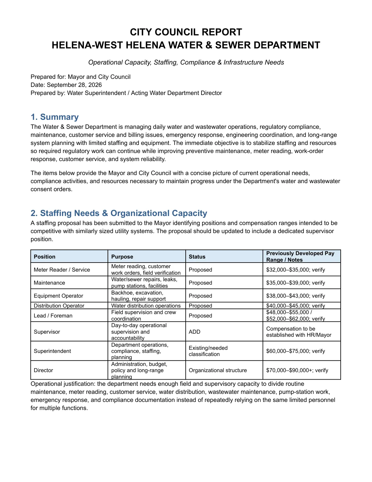 Water Department Council Report — page 1