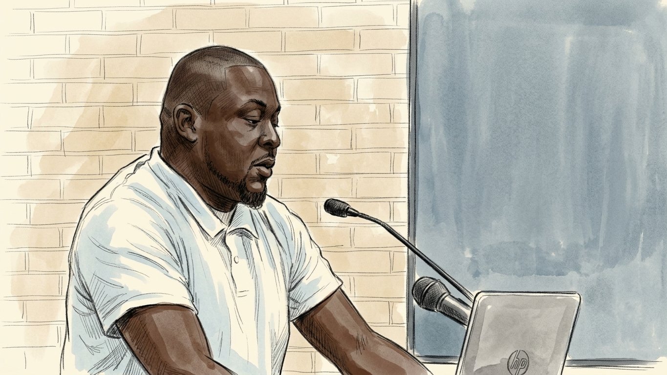 Sketch: Water Superintendent Saeed Rose seated at the council table, speaking into a microphone beside an open laptop