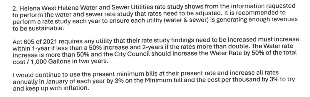 Page 13 of the July 2, 2024 rate study for Helena-West Helena, recommending a 3% increase in all rates each January