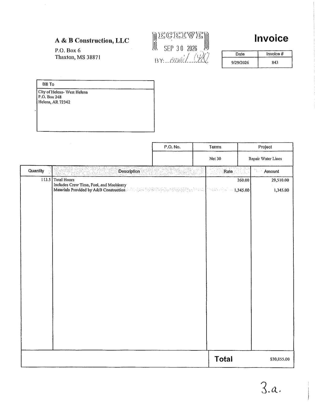 A&B Construction Invoice ($30,855) — page 1