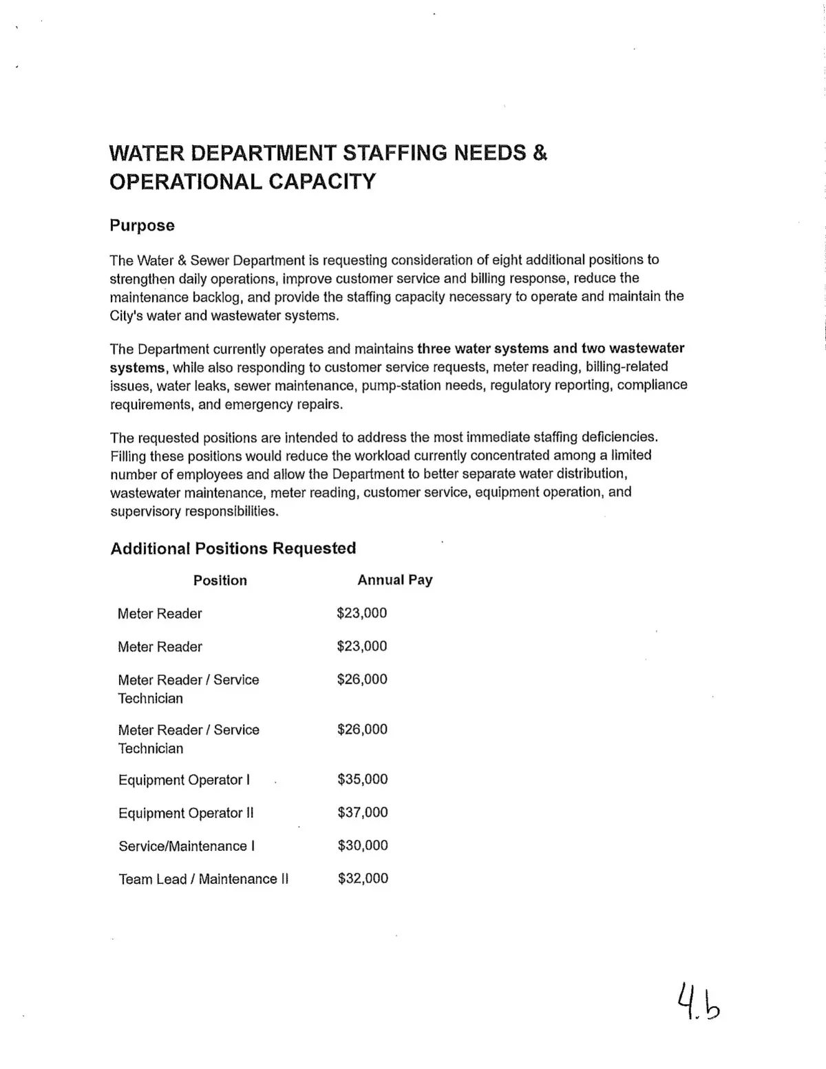 Water Staffing Memo ($232,000) — page 1