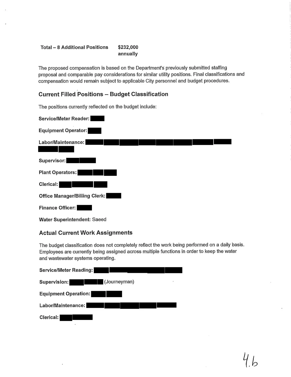 Water Staffing Memo ($232,000) — page 2