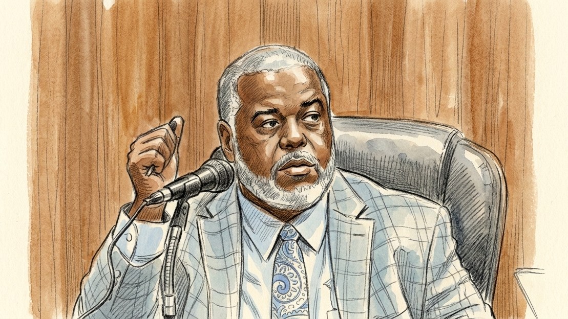 Sketch: City Attorney Andre Valley seated at the council table in a light plaid sport coat, right hand raised with a pen, speaking into a microphone