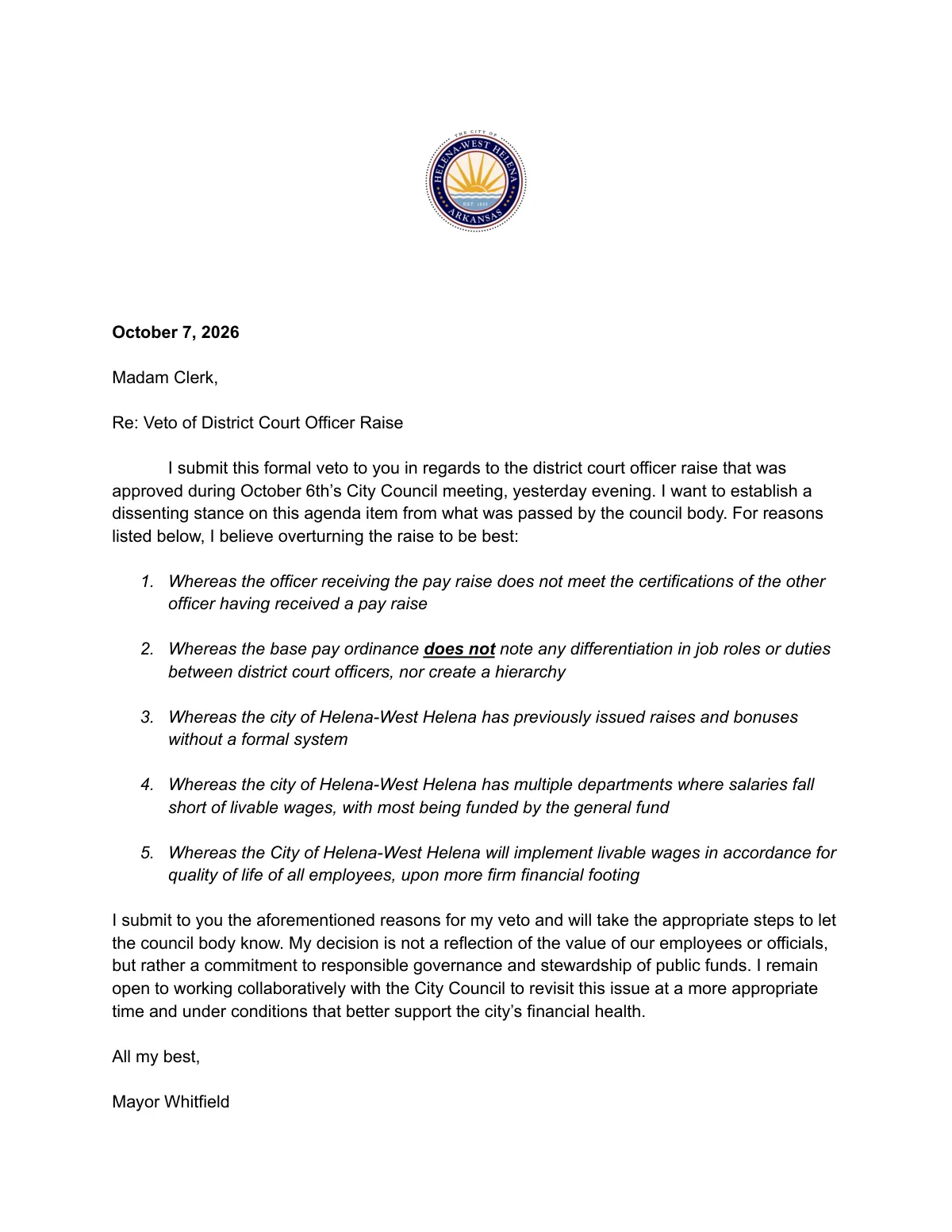 Mayor's Veto Letter — page 1