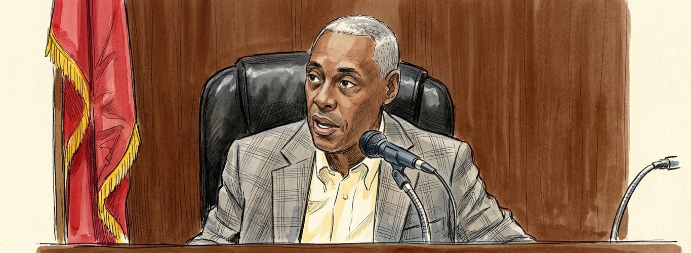 Sketch: City Treasurer Derrick Turner seated at the council table in a gray plaid sport coat and open-collar yellow shirt, speaking into a gooseneck microphone, a red flag with gold fringe at the left