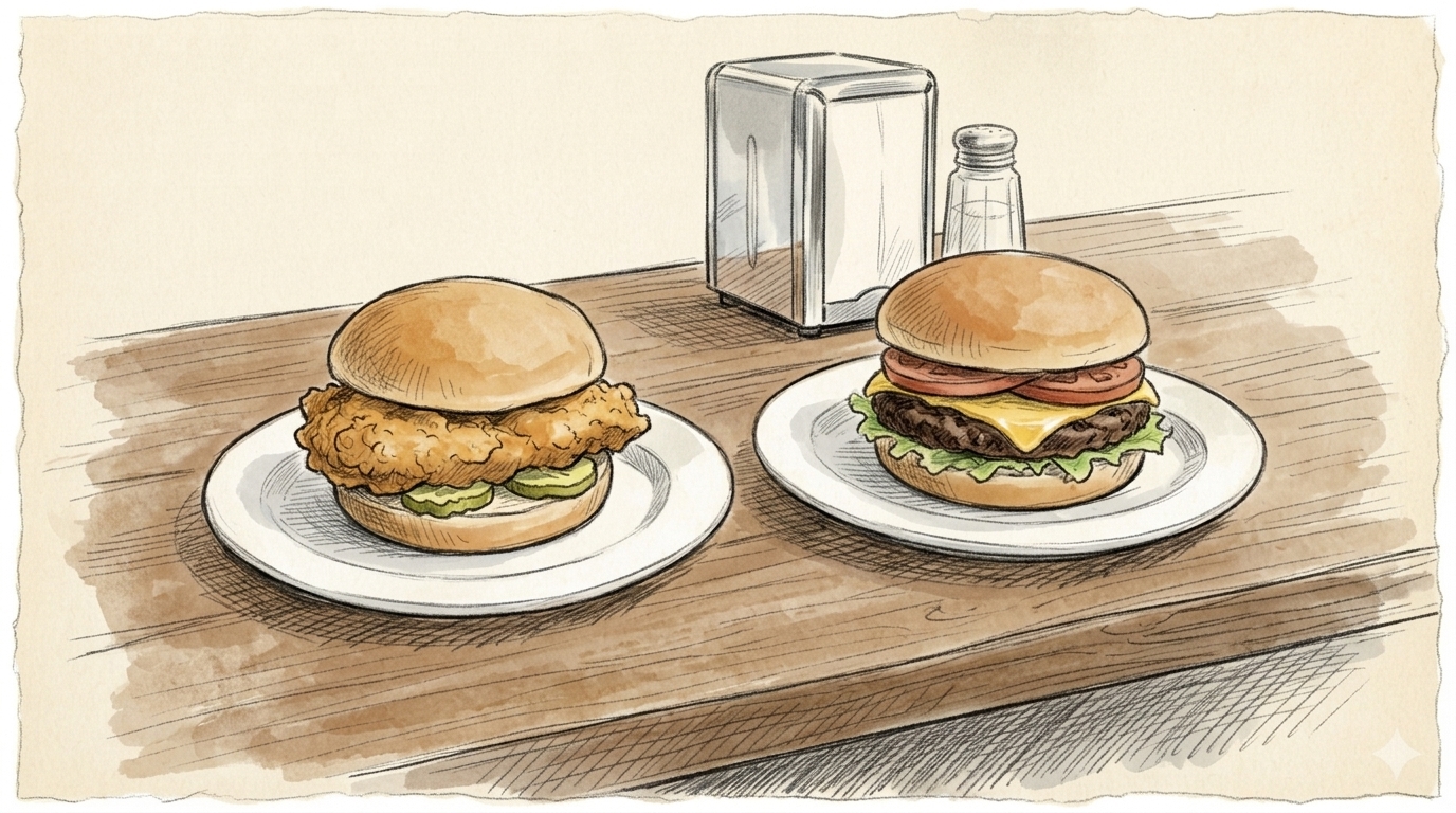 Illustration: a fried chicken sandwich and a cheeseburger on identical plates, side by side on a diner counter
