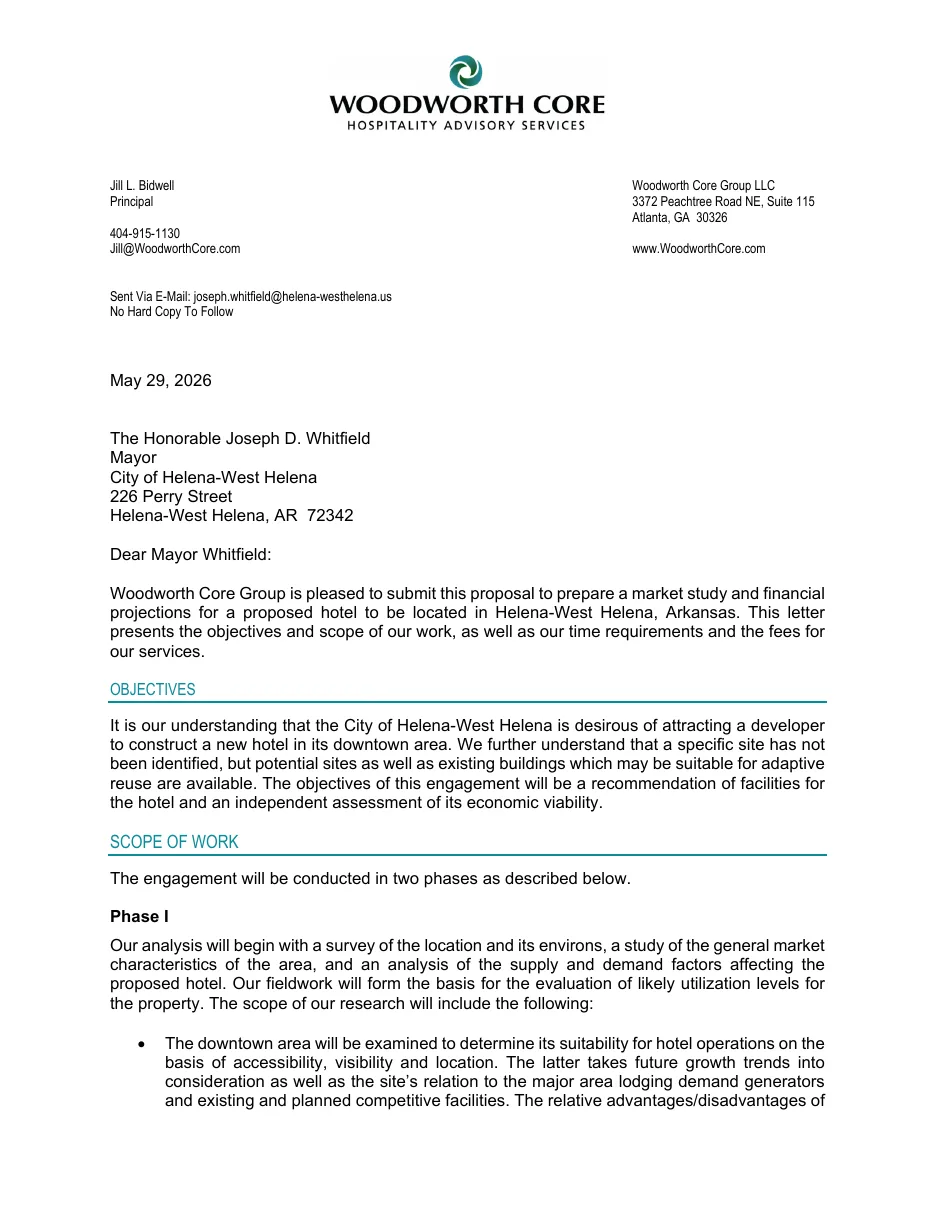 Proposal page 1: objectives — attracting a developer to construct a new hotel downtown