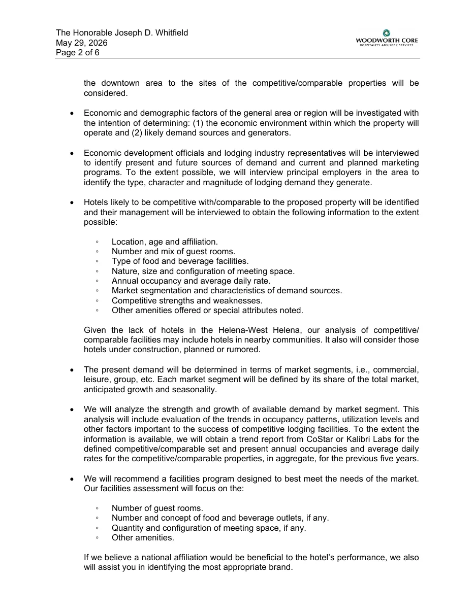Proposal page 2: scope of work, comparable-property interviews, brand identification