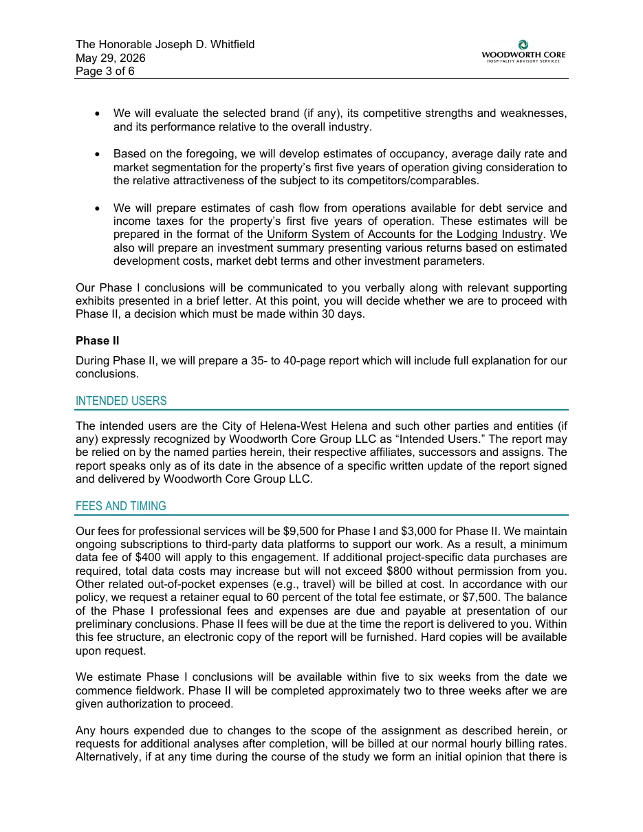 Proposal page 3: fees and timing — $9,500 Phase I, $7,500 retainer, verbal conclusions