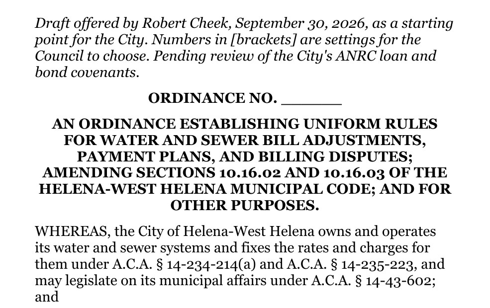 The top of the first page of the draft ordinance: Ordinance No. blank, An ordinance establishing uniform rules for water and sewer bill adjustments, payment plans, and billing disputes; amending sections 10.16.02 and 10.16.03 of the Helena-West Helena Municipal Code