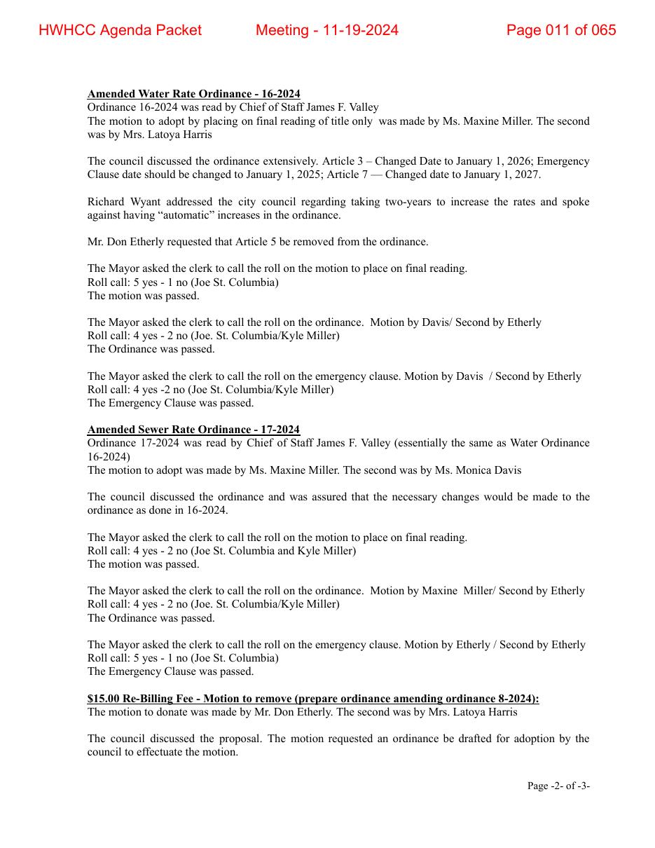October 29, 2024 minutes: Ordinance 16-2024 read, amended, and passed 4-2