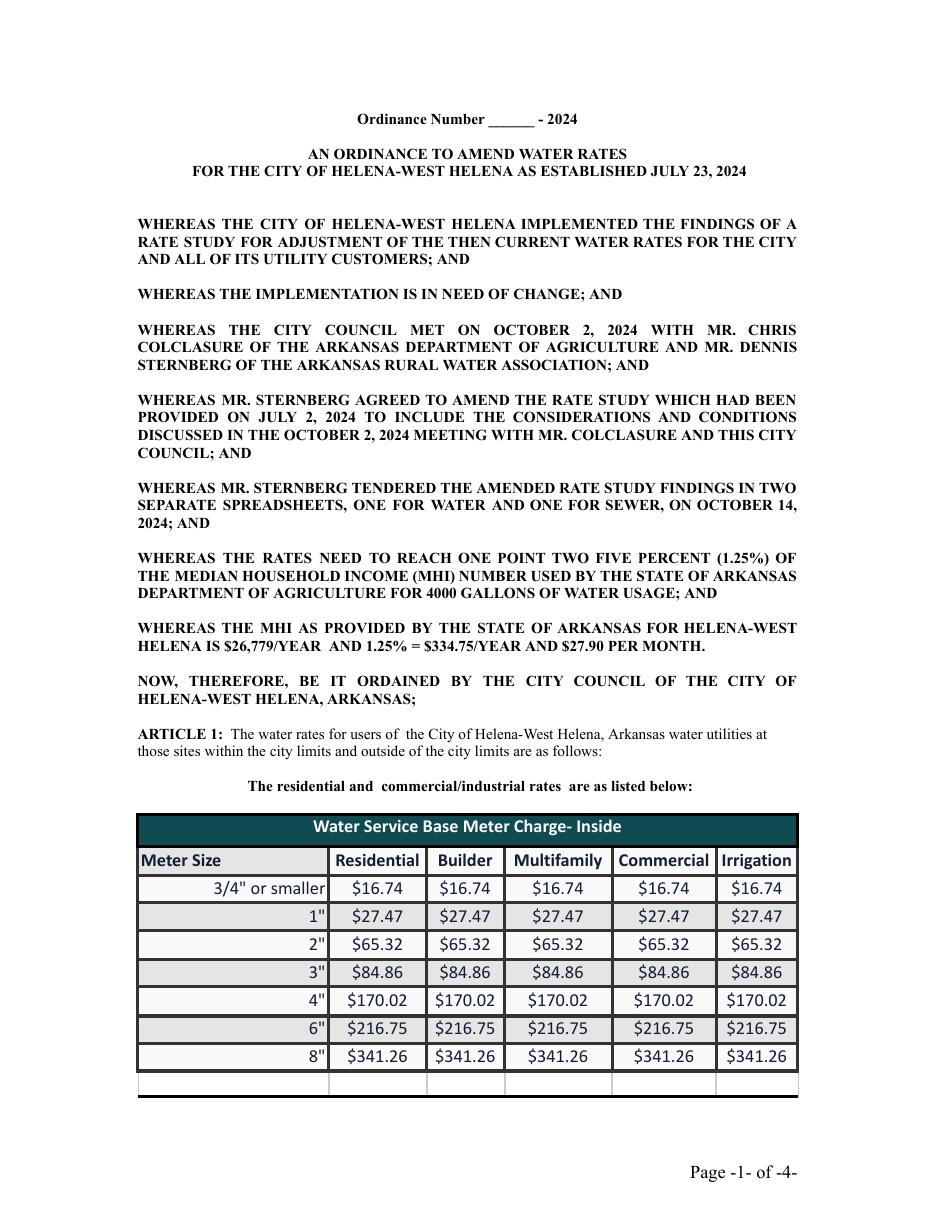 Ordinance 16-2024 draft, first page: An Ordinance to Amend Water Rates