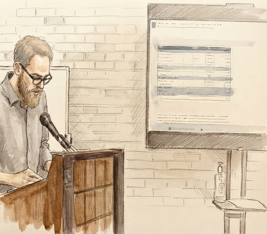 Sketch: Robert Cheek reading his comment at the September 24, 2024 council meeting podium