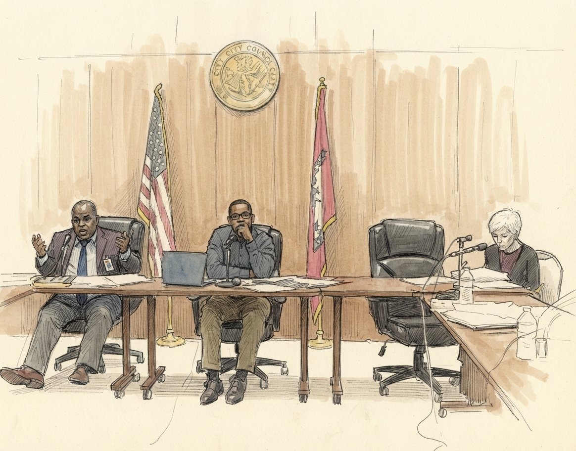 Sketch: the council dais on March 17, 2026 — the city attorney gesturing as he speaks, beneath the city seal and flags