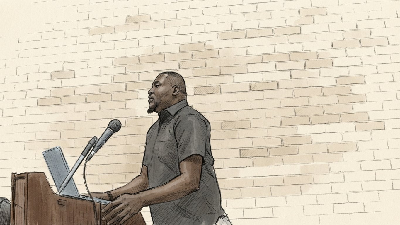 Sketch: the water superintendent at the podium during the June 22 billing hearing